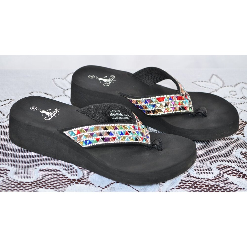 Corkys Juniper Multi-Color Jeweled Wedge Flip Flops Size 8